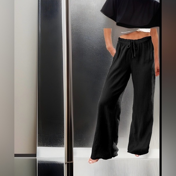 Linen Drawstring High Waisted Casual Loose Fit Wide Long Leg Stretchy Comfy Pant - Picture 14 of 16